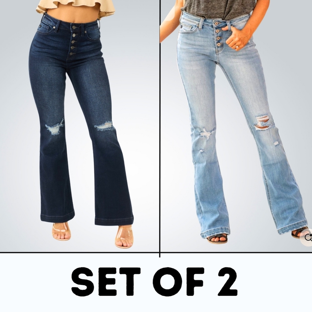 KanCan Women's Set Of 2 Blue Flare Jeans Distressed Button Fly Boho Size XL
